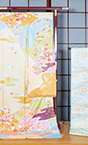 フォーマルコレクション1京友禅小紋着尺檸檬色地花雪輪、袋帯（御祝着用）銀地組紐に四季花模様